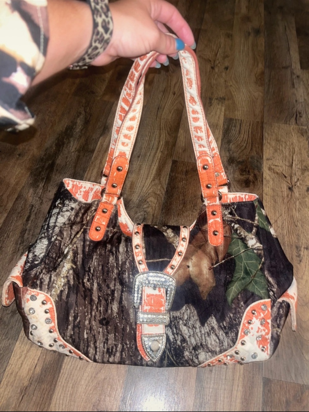 Orange Camo Studded Tote Bag